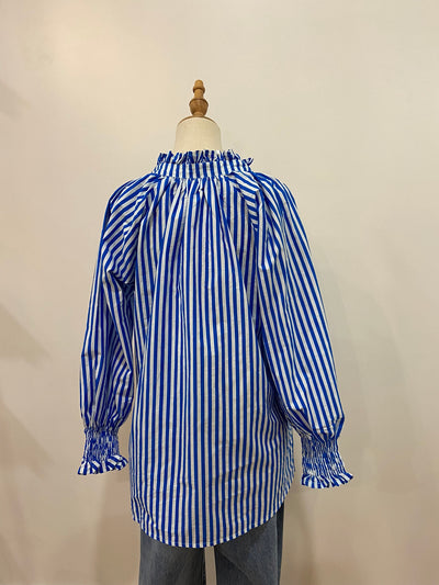 Charlie Frill Top | Cobalt + white Stripe