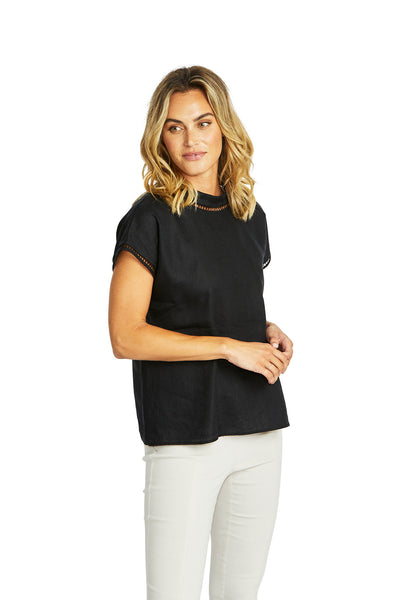 Ping Pong - Jade Linen Trim Top - Black - Womens Fashion