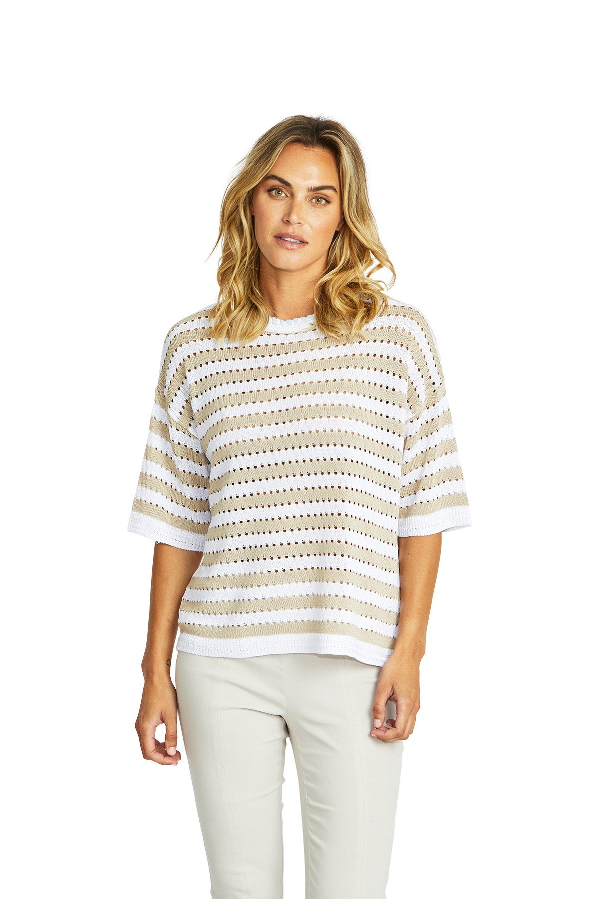 Ping Pong - Kate Crochet Pullover - White/Flax - Womens Fashion