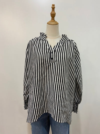 Sal & Lou - Charlie Frill Top - Black Stripe Linen - Womens Fashion