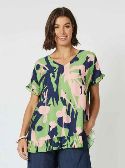 Clarity - Como Ruffle Printed Top - Green - Women Fashion