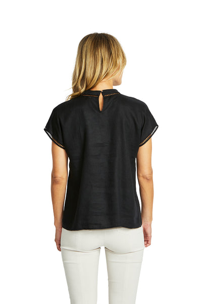 Ping Pong - Jade Linen Trim Top - Black - Womens Fashion