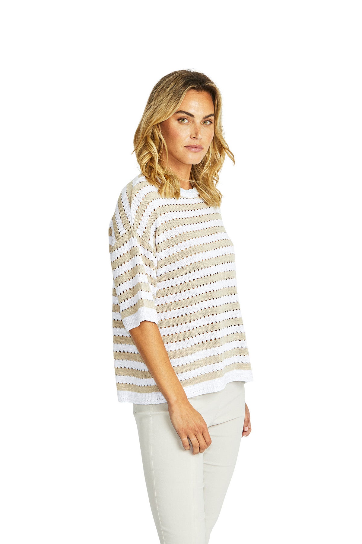 Ping Pong - Kate Crochet Pullover - White/Flax - Womens Fashion