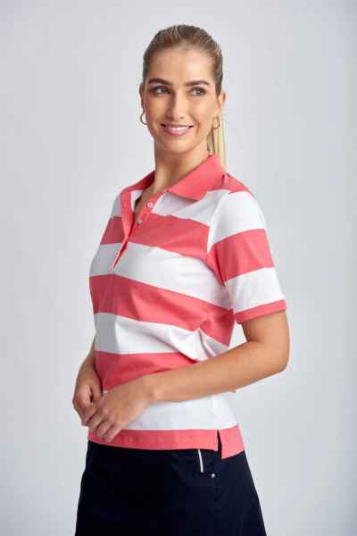 Goondiwindi Cotton - Cotton Striped Classic Fit Polo Shirt - Coral/White - Womens Fashion