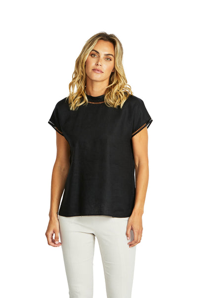 Ping Pong - Jade Linen Trim Top - Black - Womens Fashion