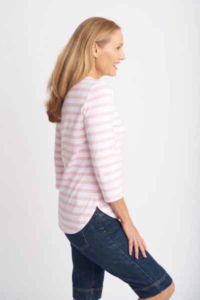 Goondiwindi Cotton - 3/4 Sleeve Stripe Tee - Tickle Pink/White - Womens Fashion