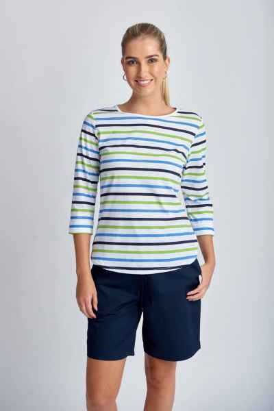 Goondiwindi Cotton - 3/4 Sleeve Multi Stripe Tee - Green Combo - Womens Fashion