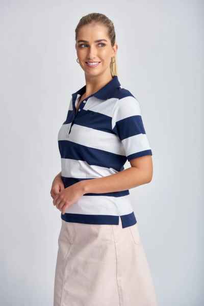 Goondiwindi Cotton - Cotton Striped Classic Fit Polo Shirt - Navy/White - Womens Fashion