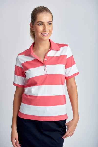 Goondiwindi Cotton - Cotton Striped Classic Fit Polo Shirt - Coral/White - Womens Fashion