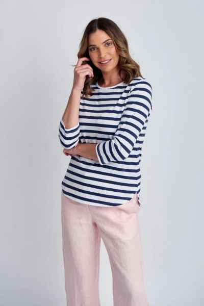 Goondiwindi Cotton - 3/4 Sleeve Stripe Tee - Navy/White - Womens Fashion