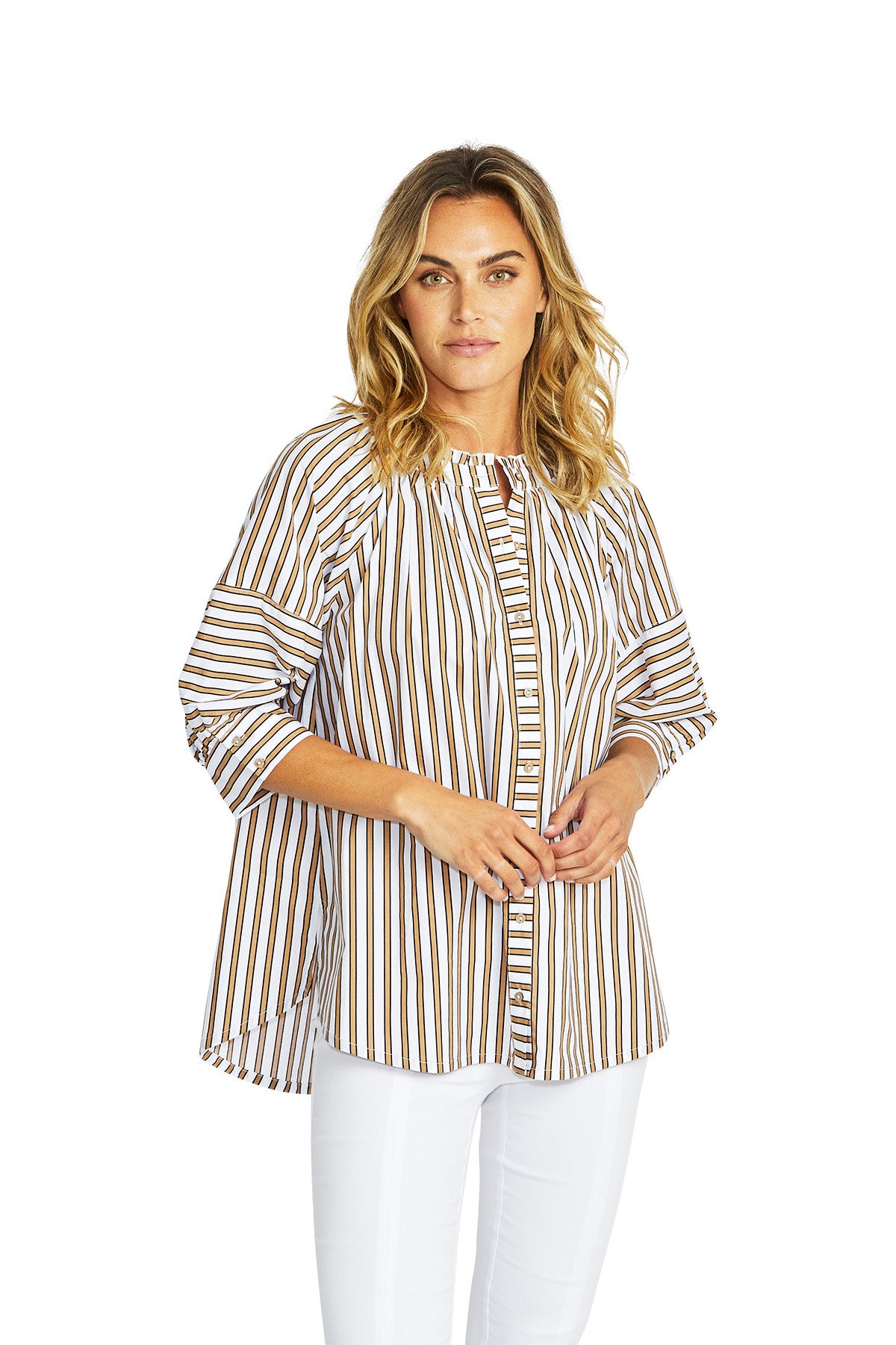 Ping Pong - Kendall Stripe Blouse - Caramel/White - Womens Fashion