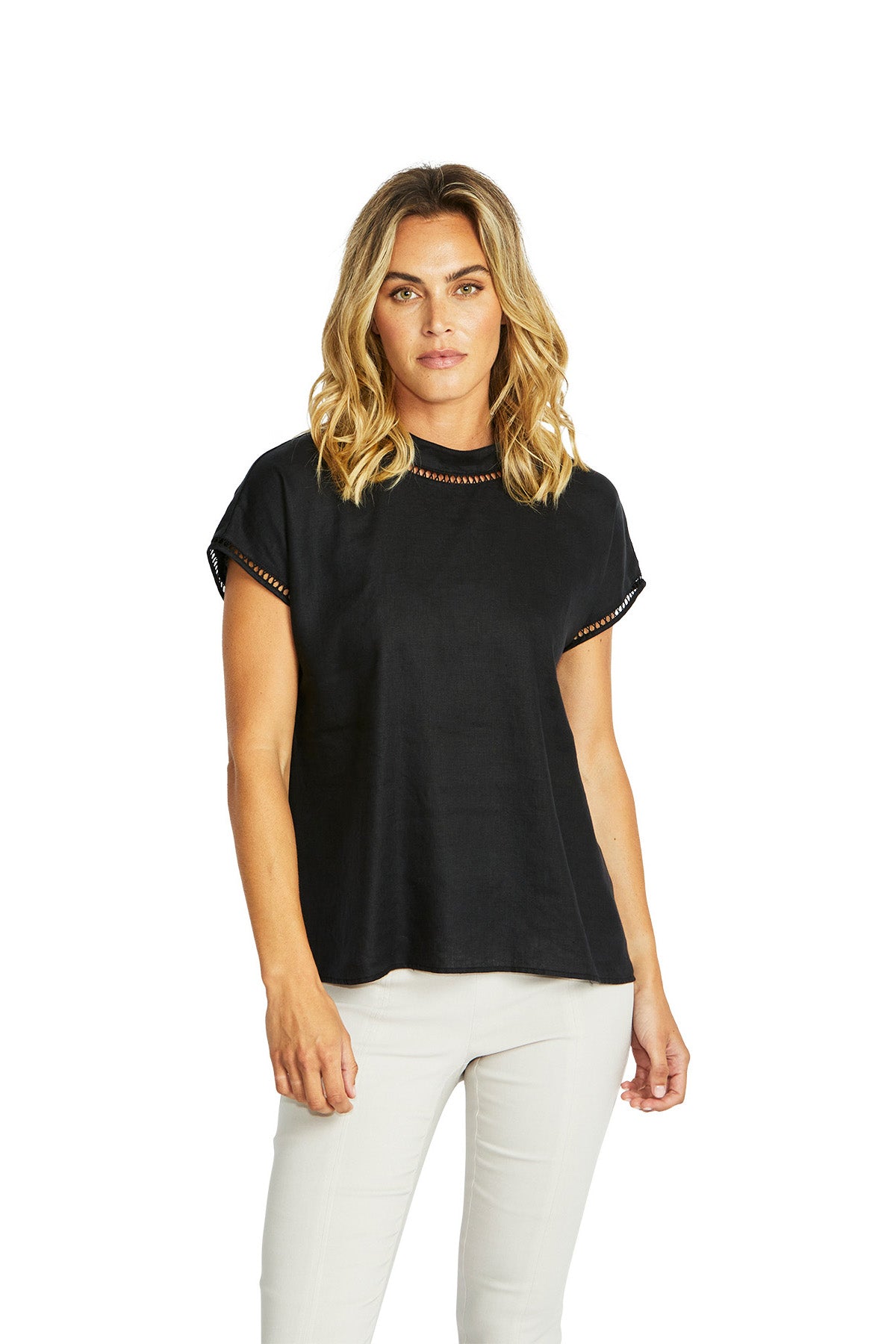 Ping Pong - Jade Linen Trim Top - Black - Womens Fashion