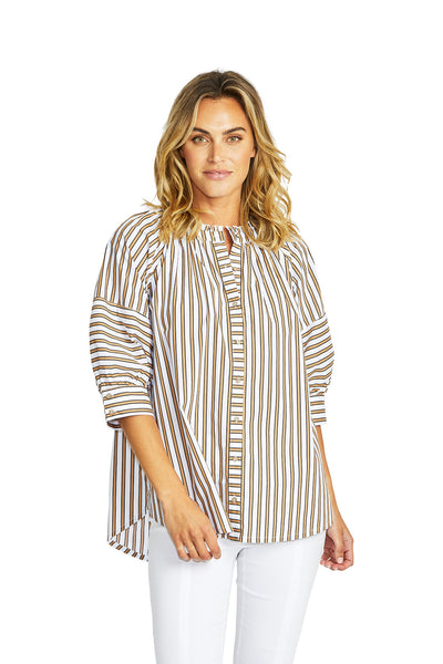 Ping Pong - Kendall Stripe Blouse - Caramel/White - Womens Fashion