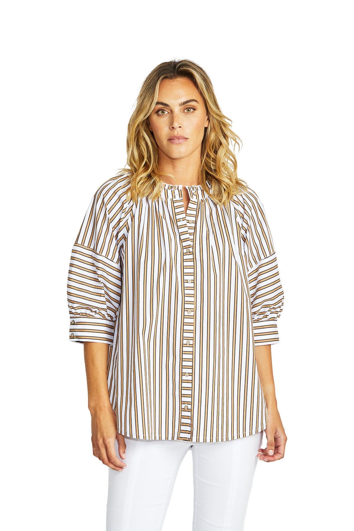 Ping Pong - Kendall Stripe Blouse - Caramel/White - Womens Fashion