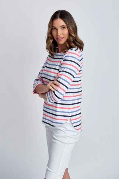 Goondiwindi Cotton - 3/4 Sleeve Multi Stripe Tee - Steel Blue Combo - Womens Fashion