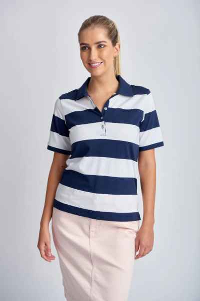 Goondiwindi Cotton - Cotton Striped Classic Fit Polo Shirt - Navy/White - Womens Fashion