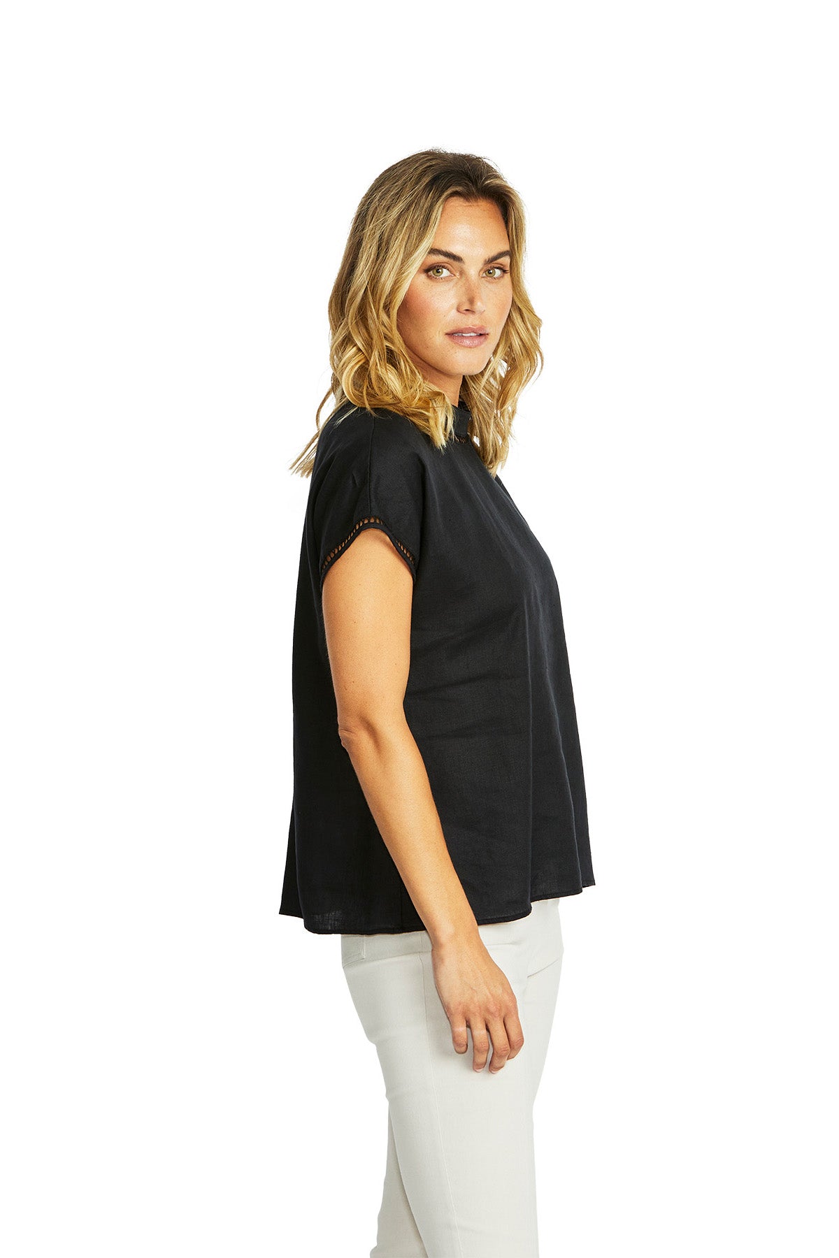 Ping Pong - Jade Linen Trim Top - Black - Womens Fashion