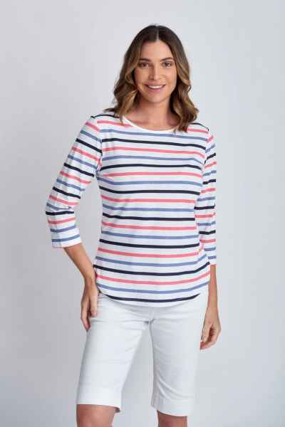 Goondiwindi Cotton - 3/4 Sleeve Multi Stripe Tee - Steel Blue Combo - Womens Fashion