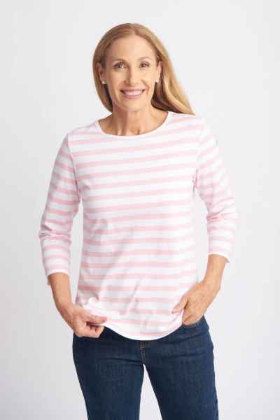 Goondiwindi Cotton - 3/4 Sleeve Stripe Tee - Tickle Pink/White - Womens Fashion