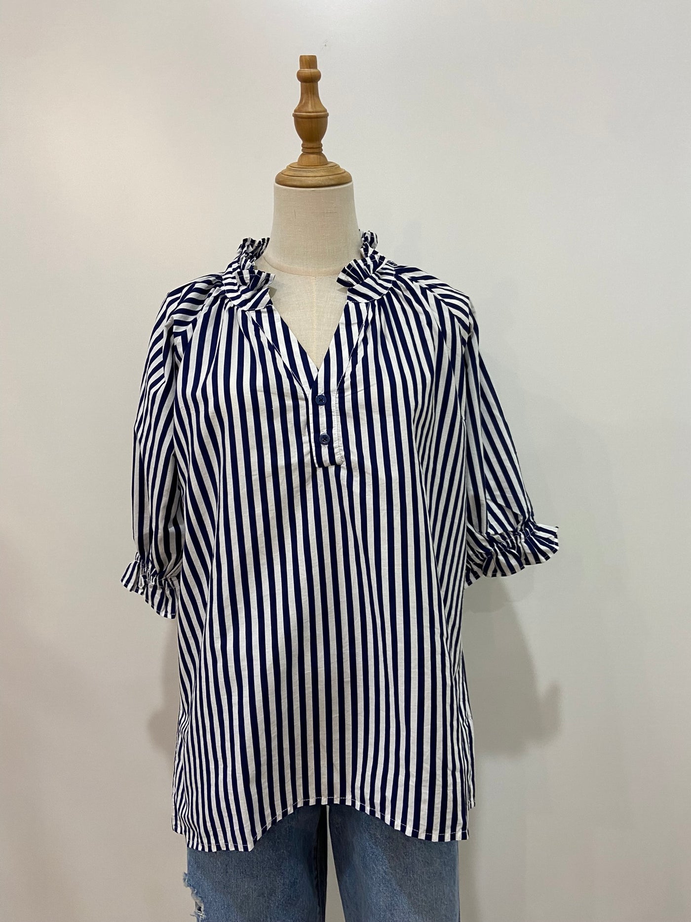 Charlie Frill Short Sleeve Top | Navy Stripe