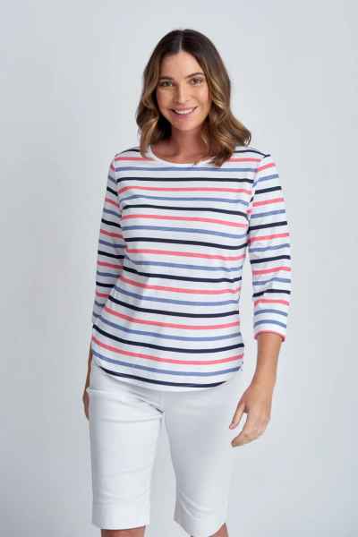 Goondiwindi Cotton - 3/4 Sleeve Multi Stripe Tee - Steel Blue Combo - Womens Fashion