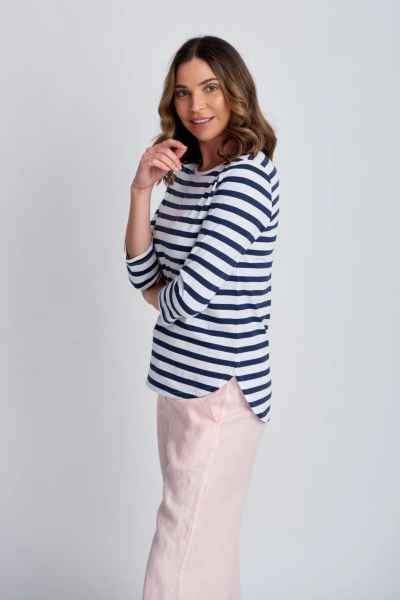 Goondiwindi Cotton - 3/4 Sleeve Stripe Tee - Navy/White - Womens Fashion