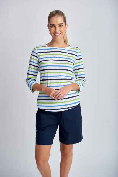 Goondiwindi Cotton - 3/4 Sleeve Multi Stripe Tee - Green Combo - Womens Fashion