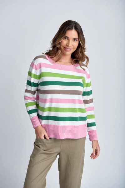 cloth + paper + scissors - Multi Stripe Cotton Jumper - Twig | White | Pink - Womens Fashion