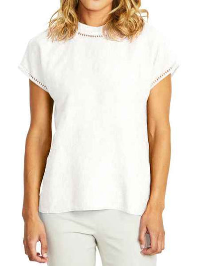 Ping Pong - Jade Linen Trim Top - White - Womens Fashion