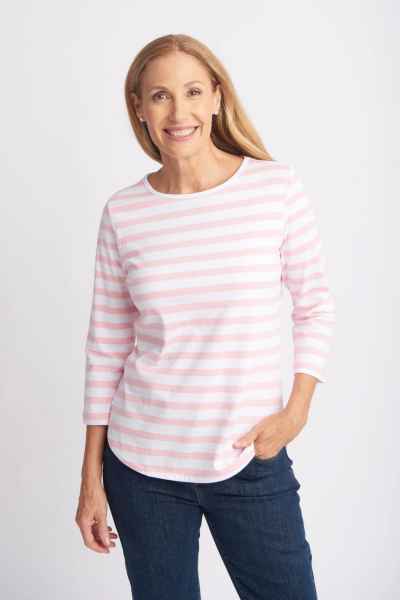 Goondiwindi Cotton - 3/4 Sleeve Stripe Tee - Tickle Pink/White - Womens Fashion