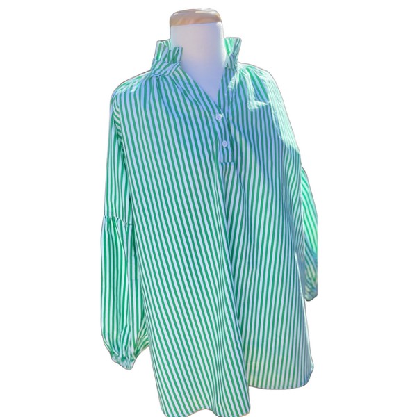 Sal & Lou - Lucy Poplin Shirt Green and White Stripe - Womens Fashion