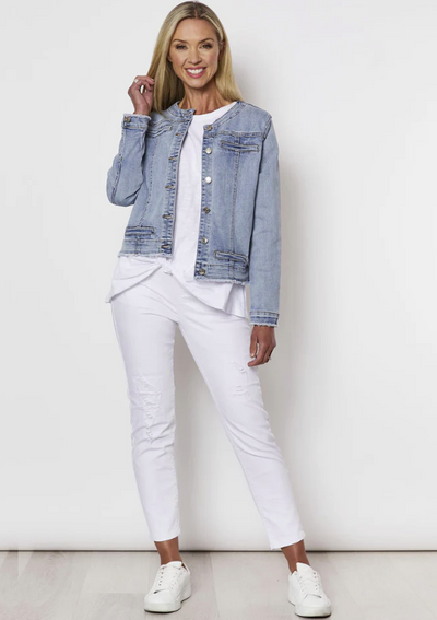 Threadz - Collarless Denim Jacket - Denim - Womens Fashion