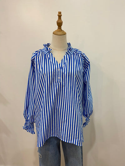 Charlie Frill Top | Cobalt + white Stripe